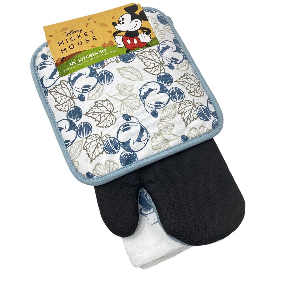 Disney MICKEY MOUSE 3PC‎ Fall Kitchen Towel Oven Mitt Pot Holder Set Leaves